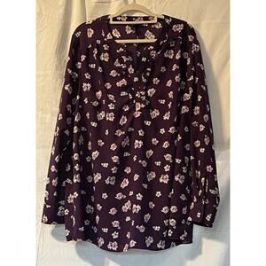 Lane Bryant Top Purple Floral Tunic Henley V-Neck Ruffle Long Sleeves Size 14